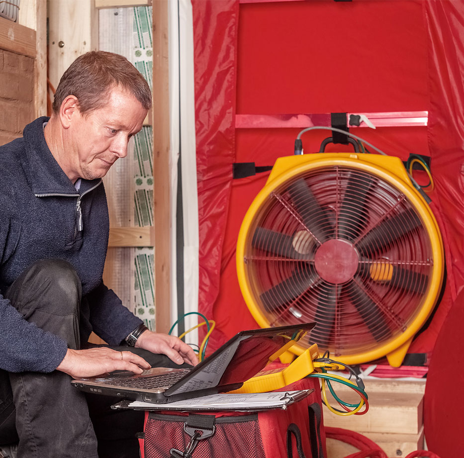 Air tightness test being carried out inside a property using a blower door fan and monitoring equipment