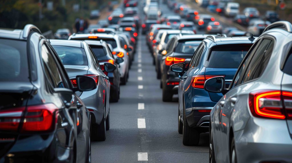 Heavy traffic on a busy road as a typical noise source assessed during an environmental noise assessment